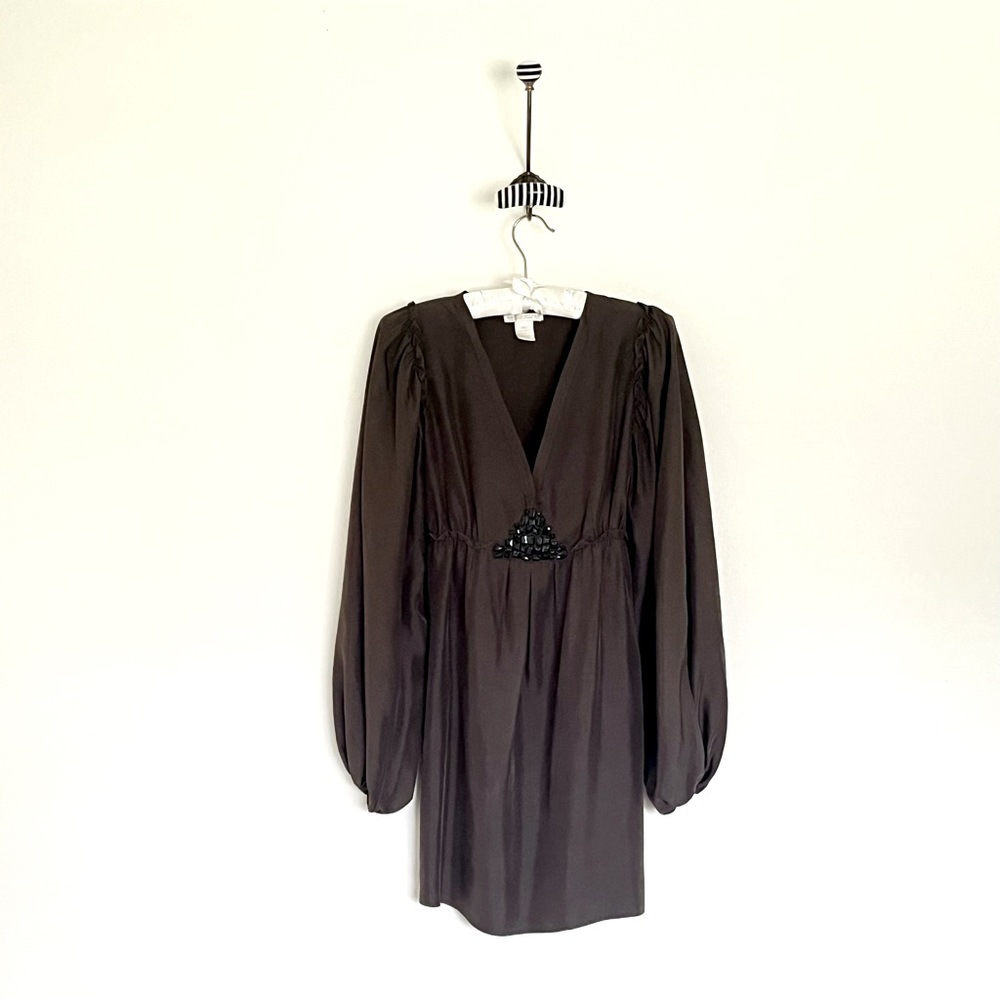Gold Hawk Silk Gathered Waist Long Sleeve Dress